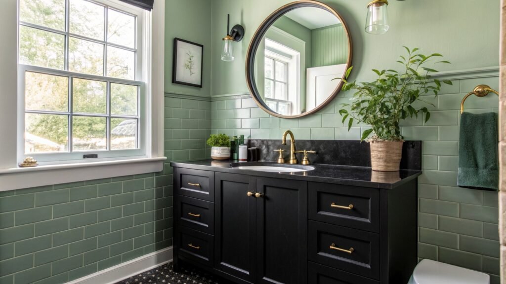 sage green and black bathroom
