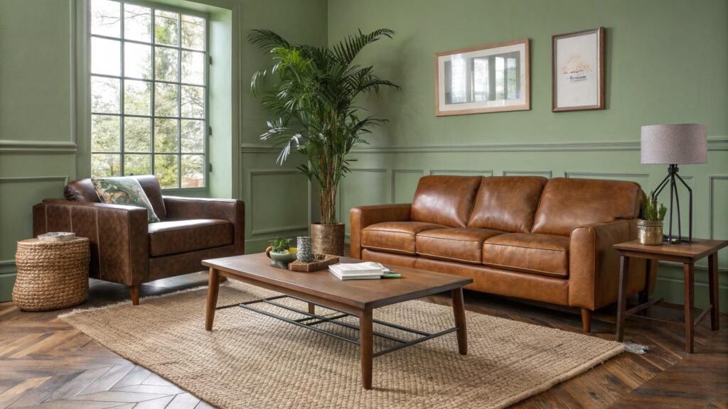 sage green and brown living room